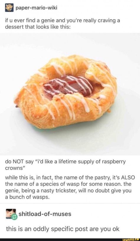 If u ever find a genie and you're really cravíng a dessert that looks like this: do NOT say "i'd like a lifetime supply of raspberry crowns” while this is, in fact, the name of the pastry, it's ALSO the name of a species of wasp for some reason. the genie, being a nasty trickster, will no doubt give you a bunch of wasps. % shitload-of-muses this is an oddly specific post are you ok - iFunny :) Collateral Beauty, Memes Humor, Wasp, What’s Going On, Best Funny Pictures, Tumblr Posts, Tumblr Funny, Aladdin, Funny Posts