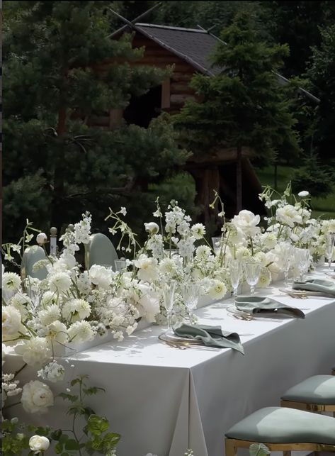 Bridal Table Flowers Arrangements Long, Center Piece Wedding Long Table, White Table Garland, Elegant Long Table Centerpieces, Long Wedding Table Flowers, Large Square Table Centerpiece, Babys Breath Wedding Reception, White Hanging Flowers Wedding, Small Garden Wedding Reception