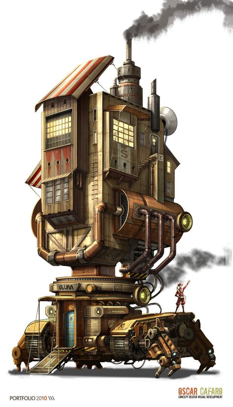 Quadrupedal walking building.  Also has treads.  Probably a factory, could be a house. Steampunk Tower, Steampunk Building, Steampunk Vehicle, Steampunk City, 3d Karakter, Steampunk House, Futuristic Robot, Art Steampunk, Diesel Punk