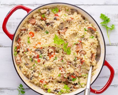 Mushroom Chorizo, Chorizo Risotto, Risotto Dishes, Mushroom Risotto Recipes, Grain Recipes, Mushroom Risotto, Risotto Recipes, Rice Grain, Oven Cooking