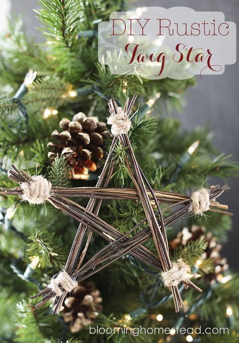 DIY Rustic Twig Star by Blooming Homestead Rustic Christmas Diy, Twig Stars, Yellow Bliss Road, Pine Needle Crafts, Twig Crafts, Rustic Christmas Ornaments, Handmade Christmas Ornaments, Noel Christmas, Xmas Ornaments