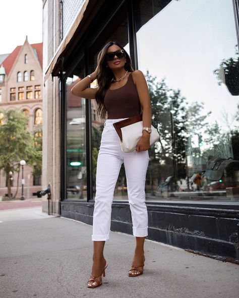 Strappy Heels Outfit, Jeans And Bodysuit, Mia Mia Mine, Tops Outfit, Brown Bodysuit, Business Casual Outfit, Mia Mia, Casual Basics, White Jeans Outfit