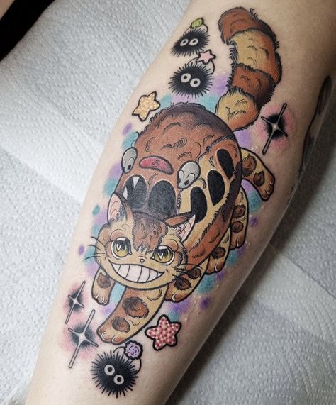 Cat Bus Tattoo Studio Ghibli, Studio Gibbly Tattoos, Cat Bus Tattoo, Bus Tattoo, Ghibli Tattoos, Cat Bus, Studio Ghibli Tattoo, Ghibli Tattoo, Cartoon Tattoos