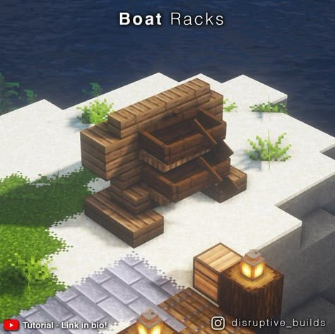 Some Boat Rack Designs I made (with a tutorial video!): Minecraftbuilds Boat Racks Minecraft, Small Minecraft Boat, Minecraft Boat Rack, Minecraft Fishing House, Minecraft Boat Dock, Minecraft Dock Ideas, Minecraft Fishing Hut, Minecraft Dock Design, Minecraft Fishing Dock