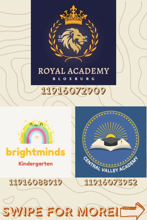 Bloxburg Homework Decals, Royal River Academy Bloxburg, Bloxburg School Nurse Office, Bloxburg Certificate Codes, Bloxburg University Ideas, Bloxburg History Classroom, Bloxburg Spanish Class Decals, Bloxburg Parking Lot Decals, Bloxburg Grocery Store Logo Decal Codes