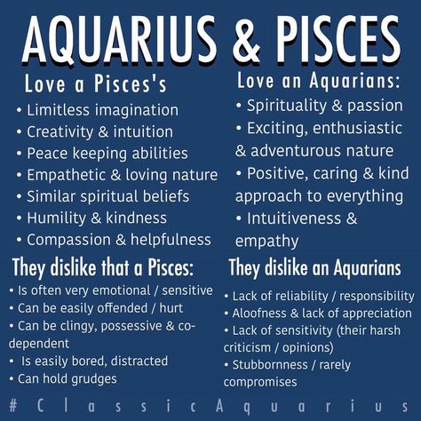 #Aquarius & #Pisces relationship. Listed above are the positive aspects of a relationship / friendship and the potential issues that may cause problems. (Please note that each other's Moon signs should be taken into consideration to get the bigger picture) #ClassicAquarius #Aquarius Aquarius And Pisces Compatibility, Aquarius Relationship, Pisces Relationship, Pisces Women, Aquarius And Pisces, Pisces Compatibility, Aquarius Pisces Cusp, Aquarius Sun, Pisces Traits