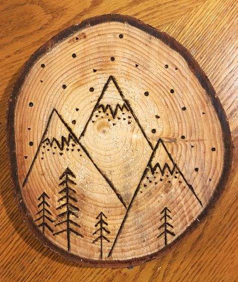 #mountains #woodburned #woodburning #woodslice Simple Woodburning Designs, Rock Organization, Easy Wood Burning Ideas For Beginners, Pyrography Patterns Printable, Easy Wood Burning Ideas, Wood Burning Ideas For Beginners Simple, Beginner Wood Burning Projects, Wood Burning Ideas For Beginners, Wooden Ornaments Diy