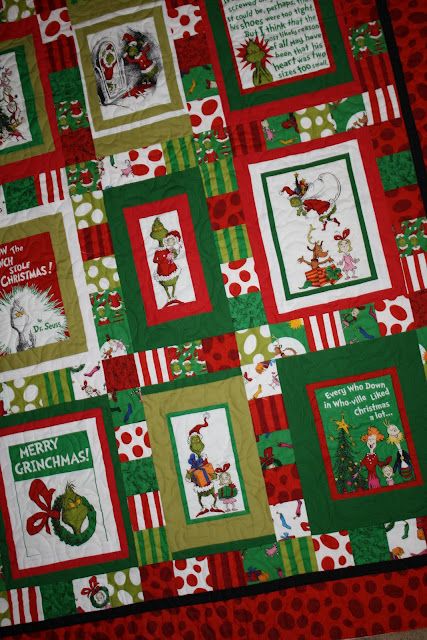 My Grinch Christmas Quilt:   http://justletmequilt.blogspot.com/2012/01/grinch-christmas-quilt.html Grinch Quilts Christmas, Grinch Christmas Quilt, Grinch Quilt Pattern, Grinch Quilt Ideas, Quilts With Panels Ideas Layout, Quilt Panel Ideas Layout, Christmas Panel Quilts Ideas Layout, Panel Quilts Ideas Layout, Grinch Quilt