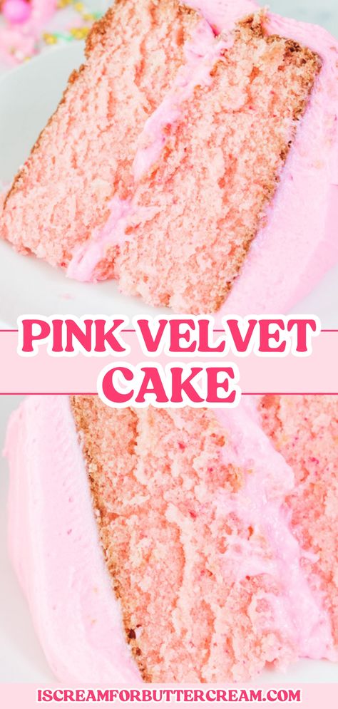 An image collage of two photos of pink velvet cake slices iced with pink cream cheese buttercream frosting with a text overlay that says pink velvet cake. Pink Pound Cake, Vanilla Cake With Cream Cheese Frosting, Velvet Cakes Recipe, Homemade Pink Cake, Vanilla Velvet Cake Recipe, Vanilla Cake Recipe With Filling, Pink Cream Cheese Frosting, Pinterest Cake Recipes, Pink Velvet Cake Recipe