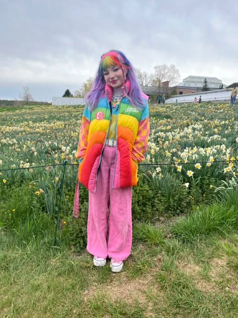 Rainbow Winter Outfit, Rainbow Alt Outfits, Weird Girl Aesthetic Outfits, Rainbow Core Outfit, Colorful Alternative Fashion, Rainbow Outfit Aesthetic, Kid Core Aesthetic Outfit, Clowncore Fashion, Adventure Time Costume