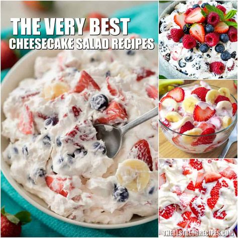 The Best Cheesecake Salad Recipes and it will change your life! These recipes are the sweetest, fluffiest, most delicious salads, and we know that they are going to be showstoppers! Cream Cheese Salad Recipes, Millionaire Cheesecake Salad, Candy Bar Salad Recipes, Cheesecake Pudding Salad, Fruit Salad With Cheesecake Pudding, Fruit Salad Cheesecake Pudding, Cheesecake Fruit Salad Recipes, Sweet Salad Recipes, Cheesecake Salad Recipe Cool Whip