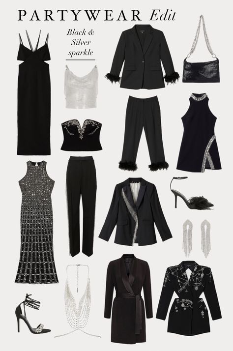 Black And White Holiday Outfit, Black And Silver Party Outfit, Silver Party Outfit, Black And Silver Outfit, Black And Silver Party, Black Pant Suit, Party Outfit Ideas, Disco Theme, Partywear Dresses