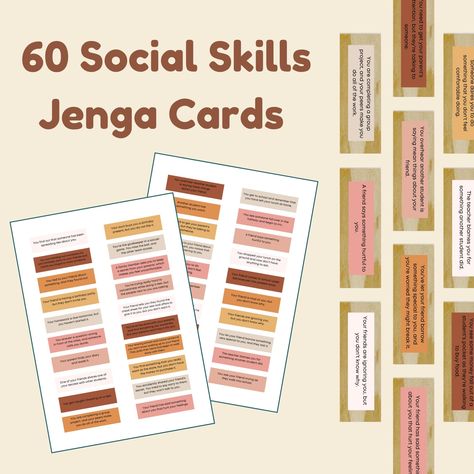 JENGA SOCIAL SKILLS SITUATION CARDS These Jenga Social Skills Situation Cards are a great way to explore how children respond to different social situations.  They're a fun way to start meaningful conversations and support social and emotional development through play.  This play therapy resource is super versatile! It creates opportunities to speak with clients and children about life's challenges and explore their individuality. They're also a super fun and easy way to build rapport and strengthen relationships! Jenga Conversation Starter Cards are compatible for Avery 5161 template. PLEASE NOTE that as the size of the label is larger than the size of a Jenga block that you will need to trim the labels after printing.  * INSTANT DIGITAL DOWNLOAD * THIS IS A DIGITAL DOWNLOAD PRODUCT, WHIC Jenga Questions, Family Conversation Cards, Social And Emotional Development, Family Conversation, Social Psychology, Conversation Cards, Table Talk, Ice Breaker, Play Therapy