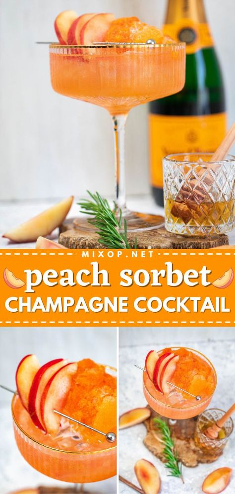 This champagne cocktail is perfect for celebrating with friends! Paired with peach sorbet, this bubbly martini cocktail is refreshing and delicious. Plus, this alcoholic drink is so easy to make! Enjoy! Sorbet Cocktail, Sorbet Champagne, Drink Essentials, Classy Drinks, Bubbly Cocktails, Easy Party Drinks, Fruity Alcohol Drinks, Popular Cocktail Recipes, Champagne Recipe