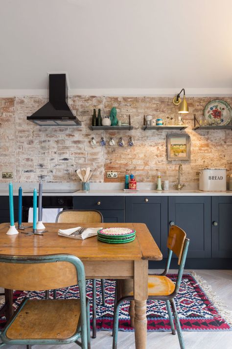 Kitchen With Red Brick, Red Brick Backsplash, Blush Pink Bedroom, Romney Marsh, Brick Backsplash, Eclectic Kitchen, Grey Houses, Brick Walls, Black Cabinets