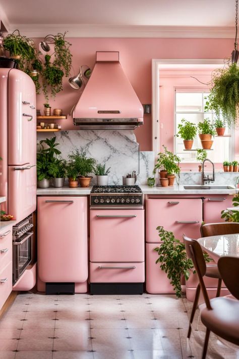 Pink kitchen Pink Appliances In Kitchen, Kitchen Smeg Fridge, Pink Appliances, Kitchen Smeg, Pink Kitchen Walls, Appliances In Kitchen, Eccentric Kitchen, Pink Pendant Light, Pink Kitchen Ideas