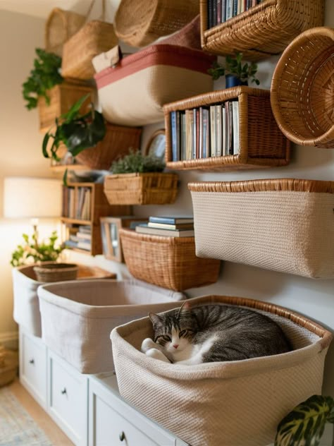 Small Home Cat Ideas, Cat Climbing Shelves Diy, Cat Supplies Organization, Cat Hiding Places Diy, Cat Toy Storage, Cat Ledges Indoor Diy, Cattery Ideas Cat Room, Cat Room Aesthetic, Cute Cat Shelves