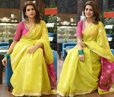 Adorable+Way+to+Wear+a+Yellow+Saree Yellow And Pink Saree, Keep Me Stylish, Haldi Outfit, Cotton Saree Blouse Designs, Sari Design, Saree Blouse Neck Designs, Yellow Saree, Elegant Blouse Designs, Casual Saree