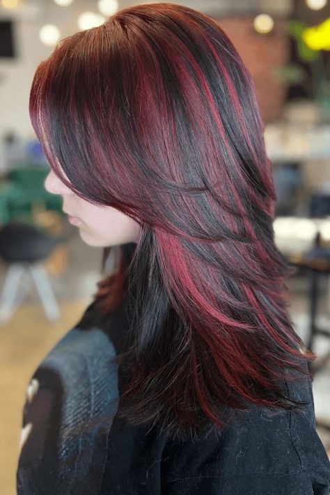 Black And Burgundy Highlights, Red Burgundy Balayage Hair, Hair Color Ideas Red And Brown, Wine Red Hair Highlights On Black Hair, Red And Black Hair Highlights, Dark Brunette Hair With Red Highlights, Red Strands In Brown Hair, Dark Red Chunky Highlights, Red Highlights In Dark Brown Hair