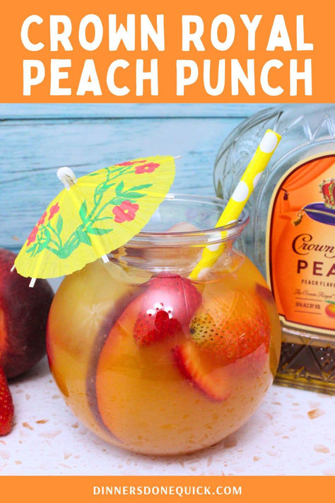 Peach Punch Alcoholic, Camping Cocktails Make Ahead, Whiskey Punch Recipes, Peach Crown Royal Drink Recipes, Party Alcohol Punch, Crown Royal Peach Drinks Recipes, Crown Peach Drink Recipes, Peach Whiskey Cocktails, Punch Recipes With Alcohol