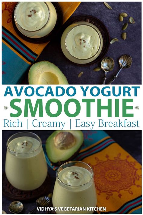 A four-ingredient smoothie in less than 15 minutes! Call it avocado lassi or an avocado yogurt smoothie — a rich, creamy drink with avocado and yogurt. #avocadolassi #avocadoyogurtsmoothie #breakfastsmoothies Greek Yogurt Smoothie Recipes, Avocado Yogurt, Greek Yogurt Smoothie, Blendtec Recipes, Smoothie Recipes With Yogurt, Lassi Recipes, Yogurt Smoothie, Creamy Yogurt, Yogurt Smoothies