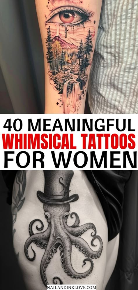 Whimsical tattoos, whimsical tattoos designs, whimsical tattoos color, and vintage whimsical tattoos. Colourful Tattoo Ideas Female, Playful Tattoos Ideas, The Best Tattoo For Women, Theme Tattoo Sleeve Women, Unique Color Tattoos For Women, Tattoo Sleeve Filler Ideas Backgrounds For Women, Newest Tattoo Trends, Grunge Style Tattoos, Small Tattoo Color