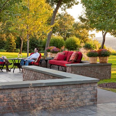 Low Brick Wall Design Ideas, Pictures, Remodel, and Decor - page 3 Patio With Fire Pit, Hardscape Backyard, Concrete Stain Patio, Brick Wall Decor, Large Backyard Landscaping, Raised Patio, Stone Wall Design, Patio Inspiration, Wall Seating