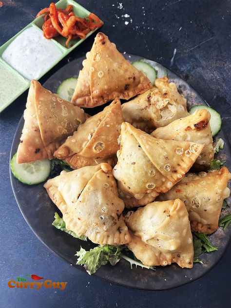 Chicken Samosas | Punjabi Style Samosas | THE CURRY GUY Indian Mint Sauce, Lamb Saag, Chicken Samosa Recipes, Tandoori Lamb, Seekh Kebabs, Samosa Chaat, Tikka Recipe, Indian Rice Recipes, Pastry Cook