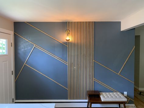 Slat Entryway, Conversation Room Ideas, Grey Blue Paint, Conversation Room, Grey Bedroom Paint, Charcoal Panels, Blue Feature Wall, Wood Walls Bedroom, Blue Walls Living Room