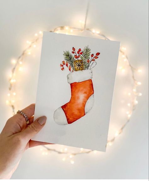 Color Pencil Christmas Cards, Colored Pencil Christmas Cards, Santa Watercolor Christmas Art, Xmas Watercolor Cards, Watercolor Stocking, Crismas Cards Ideas, Aquarell Christmas Cards, Christmas Card Aquarell, Christmas Gifts Drawing