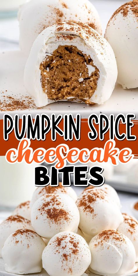 This easy Pumpkin Spice Cheesecake Bites recipe is made with real pumpkin, cream cheese, and spice cake mix rolled into a smooth and creamy ball, then coated in white chocolate candy and topped with a sprinkle of pumpkin spice. These no-bake balls are bursting with fall flavor, they taste like pumpkin pie cheesecake that you don’t have to cook. Pumpkin Spice Cake Bites, Pumpkin Spice Balls No Bake, Pumpkin Cake Bites, Pumpkin Cream Cheesecake Balls, Pumpkin Spice Cake Pops Recipe, Pumpkin Cream Cheese Bites, Pumpkin Cheesecake Bites Recipes, Pumpkin Cheesecake Cake Pops, Pumpkin Spice Cheesecake Balls