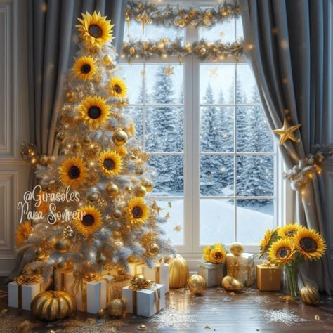 Christmas Tree Yellow Decor, Sunflower Christmas Decorations, Sunflower Christmas Tree Ideas, Sunflower Christmas Wallpaper, Christmas Sunflowers, Sunflower Christmas Tree, Christmas Tree Sunflowers, Sunflower Tree, Sunflower Christmas