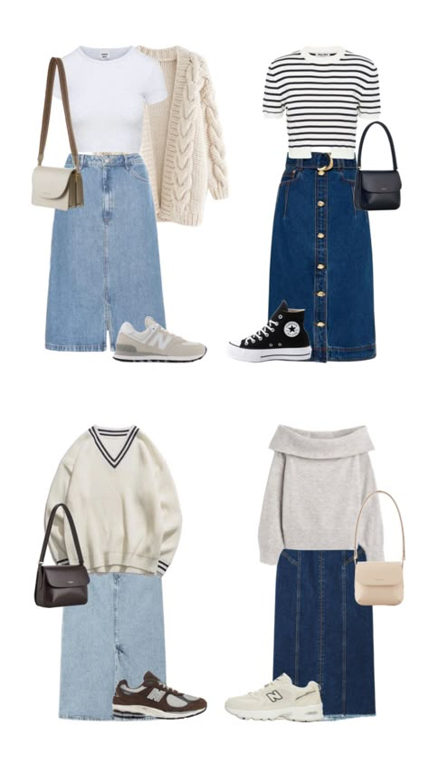 #fashion #outfits #outfitinspo #modest #modesty #jeanskirt #jeanskirtinspo #fall #schoolfit #collegeoutfits Everyday Outfits Fall, Conservative Outfits, Jean Skirt Outfits, Modesty Outfits, Cute Modest Outfits, Office Casual Outfit, Classic Style Outfits, Casual Outfit Inspiration, Everyday Fashion Outfits