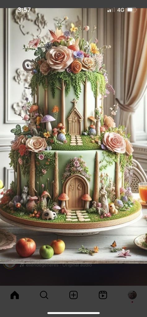 Fairy Garden Wedding Cake, Fairytail Cake Ideas, Fairy Tale Cake Ideas, Enchanted Forest Theme Cake Fairy Tales, Woodland Fairy Cake Enchanted Forest, Fairy Theme Cake Design, Treehouse Cake, Fairyland Cake Design, Fairytale Cakes