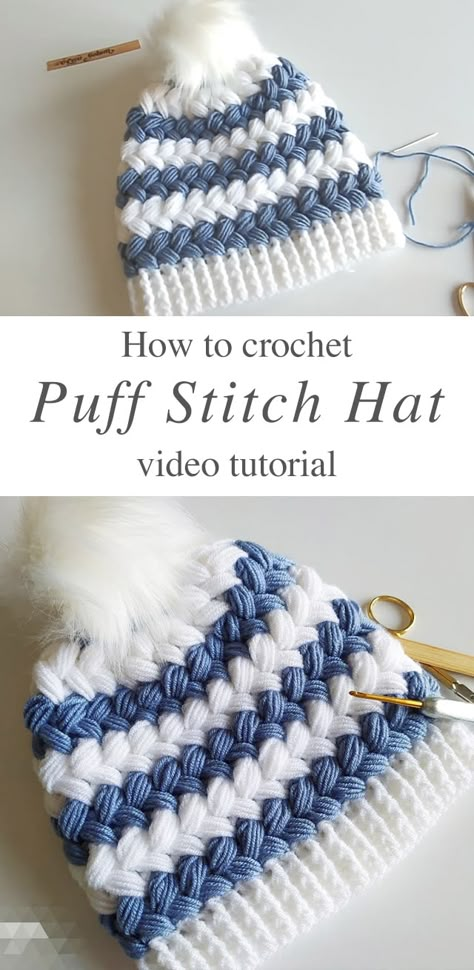 Puff Stitch Crochet Hat You Will Love | CrochetBeja Puff Stitch Hat Crochet Free Pattern, Bean Stitch Crochet Hat, Crochet Puff Stitch Hat Free Pattern, Free Crocheted Hat Patterns, Crochet Beanie Tutorial Videos, X Stitch Crochet, Beanie Tutorial Crochet, Crochet Hat Styles, Crochet Hat Tutorial Video