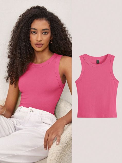 SHEIN BASICS Solid Slim Tank TopI discovered amazing products on SHEIN.com, come check them out! Pink Tank Top Outfit Ideas, Pink Sleeveless Top Outfit, Hot Pink Tank Top Outfit, Pink Tank Top Outfit, Pink Tank Tops Outfit, Sleeveless Top Outfit, Tank Top Outfit, Shein Basics, Slim Tank Top