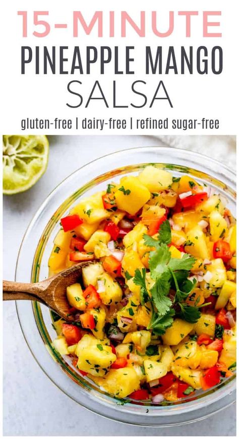 Pineapple Mango Salsa | Haute & Healthy Living Mango Jalapeno Salsa, Mango Pico, Crispy Roasted Chicken, Pineapple Mango Salsa, Mango Pineapple Salsa, Fruit Salsa Recipe, Mango Salsa Recipe, Fresh Mango Salsa, Mango Salsa Recipes