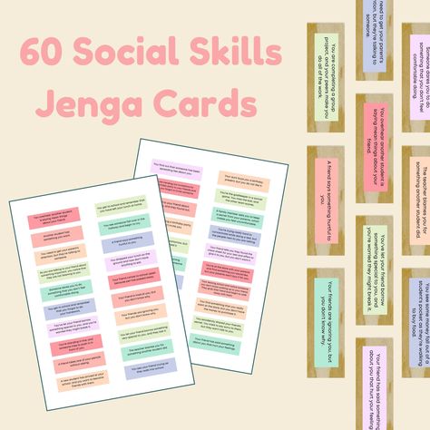 JENGA SOCIAL SKILLS SITUATION CARDS These Jenga Social Skills Situation Cards are a great way to explore how children respond to different social situations.  They're a fun way to start meaningful conversations and support social and emotional development through play.  This play therapy resource is super versatile! It creates opportunities to speak with clients and children about life's challenges and explore their individuality. They're also a super fun and easy way to build rapport and strengthen relationships! Jenga Conversation Starter Cards are compatible for Avery 5161 template. PLEASE NOTE that as the size of the label is larger than the size of a Jenga block that you will need to trim the labels after printing.  * INSTANT DIGITAL DOWNLOAD * THIS IS A DIGITAL DOWNLOAD PRODUCT, WHIC Jenga Questions, Family Conversation Cards, Social And Emotional Development, Family Conversation, Jenga Blocks, Social Psychology, Conversation Cards, Table Talk, Ice Breaker