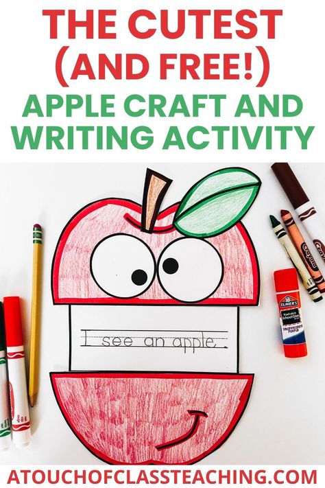 A great way to incorporate some fun seasonal learning is through having your students complete an apple craft this fall! Here on my blog, you can get access and download my FREE apple craft and writing template, and it pairs with any apple-themed lesson or studies you might have planned for your elementary students. Plus, when you visit my blog, you'll find additional fall ideas and activities. Get the download and craft for apples right here! Apple Sight Word Activities, 1st Grade September Activities, The Biggest Apple Ever Craft, Apple Writing Activities, Apple Crafts Elementary School, Fall Writing Craft Kindergarten, Fall Activities Kindergarten Free, Kindergarten Writing Craft, Apple Crafts 1st Grade