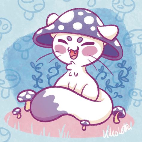 Cat With Mushroom Hat, Cat Mushroom, Mushroom Cat Drawing, Mushroom Head, Simple Cat Drawing, Mushroom Wallpaper, Mushroom Drawing, Notebook Art, Cat Sitting