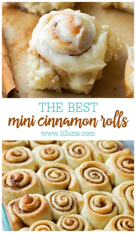 Give these 90 minute Mini Cinnamon Rolls a try and you'll fall in love with their tender, sweet centers and irresistible cream cheese frosting!  #minicinnamonrolls #cinnamonrolls #cinnamonrollrecipe #breakfast #sweetrolls Mini Sweet Rolls, Mini Cinnamon Rolls Crescents, Homemade Mini Cinnamon Rolls Easy, Mini Cinnamon Rolls Recipe, Marshmallow Cinnamon Rolls, How To Make Mini Cinnamon Rolls, Small Cinnamon Roll Recipe, Tiny Cinnamon Rolls, Mini Pumpkin Cinnamon Rolls