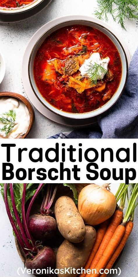 Beef Borscht Soup, Traditional Borscht Recipe, Beef Borscht, Beet Soup Recipes, Soup With Beef, Borscht Recipe, Borscht Soup, Eastern European Recipes, Beet Soup