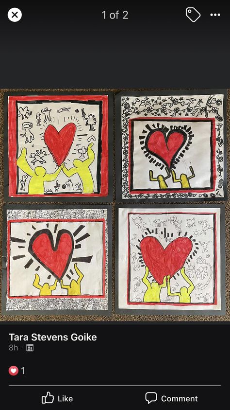 Valentines Day Art Projects For Middle School, Valentine Art 5th Grade, Valentines Art Lessons Middle School, Valentine’s Day Art Lesson, Valentine’s Day Art Middle School, Valentine’s Day Art Grade 1, Heart Art Lesson, Keith Haring Heart, Valentines Art Lessons