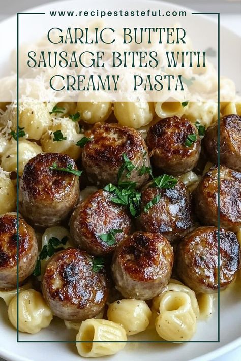 These garlic butter sausage bites served over creamy Parmesan pasta are a hearty, comforting dish packed with flavor. The garlicky, buttery sausage bites paired with rich, cheesy pasta make this an irresistible weeknight dinner. Garlic Butter Sausage, Foods Drawing, Creamy Parmesan Pasta, Ground Sausage Recipes, Turkey Sausage Recipes, Sausage Bites, Chicken Sausage Recipes, Chicken Sausage Pasta, Garlic Parmesan Pasta