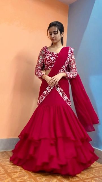 Thread Work On Blouse, Work On Blouse, Saree Skirt, Stitched Saree, Ruffle Saree, Drape Saree, Lehenga Saree, Quick Outfits, Saree Dress