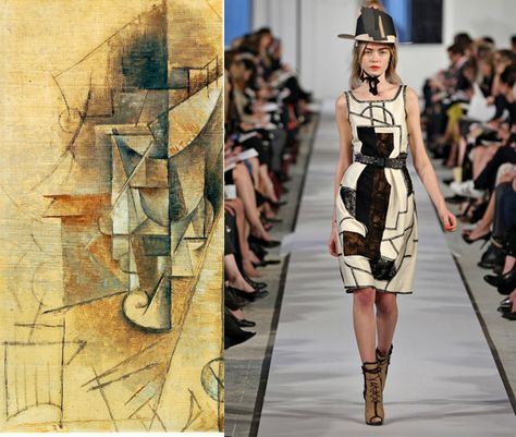 Cubism in fashion -- This Oscar de la Renta Restory 2012 dress uses Pablo Picasso's 'Le Verre' as the inspiration for this print. Cubism Fashion, 2012 Dress, Fashion Terminology, Art Zine, Cubism Art, Fashion Forecasting, History Fashion, Illustration Fashion Design, Fashion Now