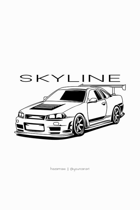 Jdm Car Outline Drawing, Nissan Skyline Gtr R34 Tattoo, Skyline Gtr R34 Drawing Easy, Cool Cars Drawings, Nissan R34 Drawing, Nissan Gtr R34 Drawing, Nissan Gtr Art, Nissan Gtr Tattoo, Skyline Drawing Car