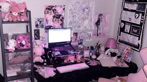 Pink Black Room, Kawaii Room Ideas, Gamer Room Decor, Hello Kitty Rooms, 일본 패션, Bedroom Setup, Anime Room, Room Goals, Gaming Room Setup