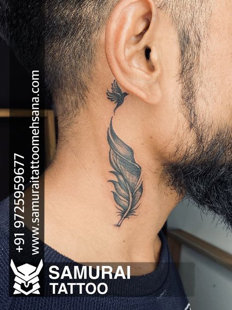 Neck Feather Tattoo, Nek Tattoo Design, လယ်ပင်း Tattoo, Neck Tattoo Cover Up Men, Feather Tattoo Neck, Feather Neck Tattoo, Men Ear Tattoo, Boy Neck Tattoos, Coverup Tattoo Design For Man