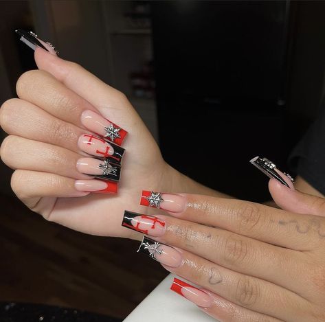 Black And Red Freestyle Nails, Red And White Nails Black Women, Red Black And White Long Acrylic Nails, Black And Red Baddie Nails, Red And Black Medium Nails, Red White And Black Nails Acrylic, Trendy Red Nails 2023, Red And Black Nails Acrylic Short, Cross Acrylic Nails Designs